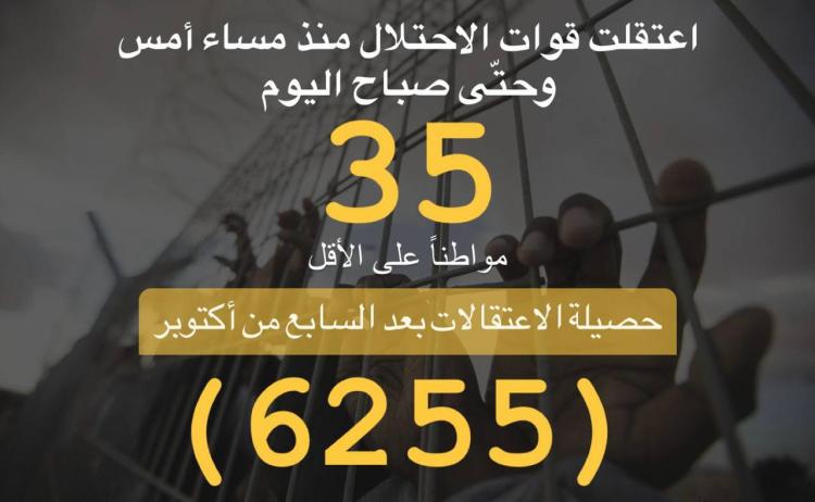 عدد حالات الاعتقال في الضّفة تجاوزت الـ6255 بعد السابع من أكتوبر/ تشرين الأول